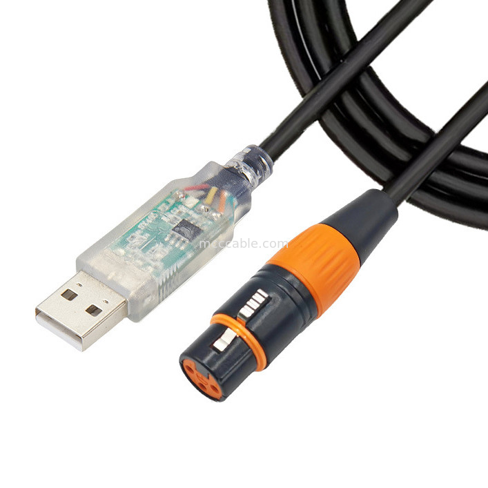 USB a DMX512 etapa de tres núcleos XLR cable masculino de señal de iluminación por cable de control del mezclador de haz de luz