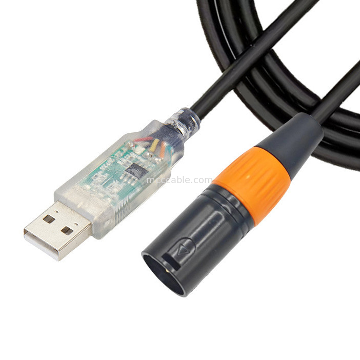USB a DMX512 etapa de tres núcleos XLR cable masculino de señal de iluminación por cable de control del mezclador de haz de luz