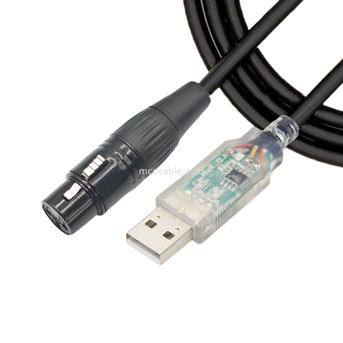 USB a DMX512 etapa de tres núcleos XLR cable masculino de señal de iluminación por cable de control del mezclador de haz de luz