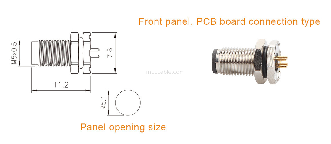 Conector circular M5 código-A de la serie impermeable de panel de la brida de la placa de circuito impreso macho soporte de toma de 3 núcleos y 4 núcleos personalización IP67